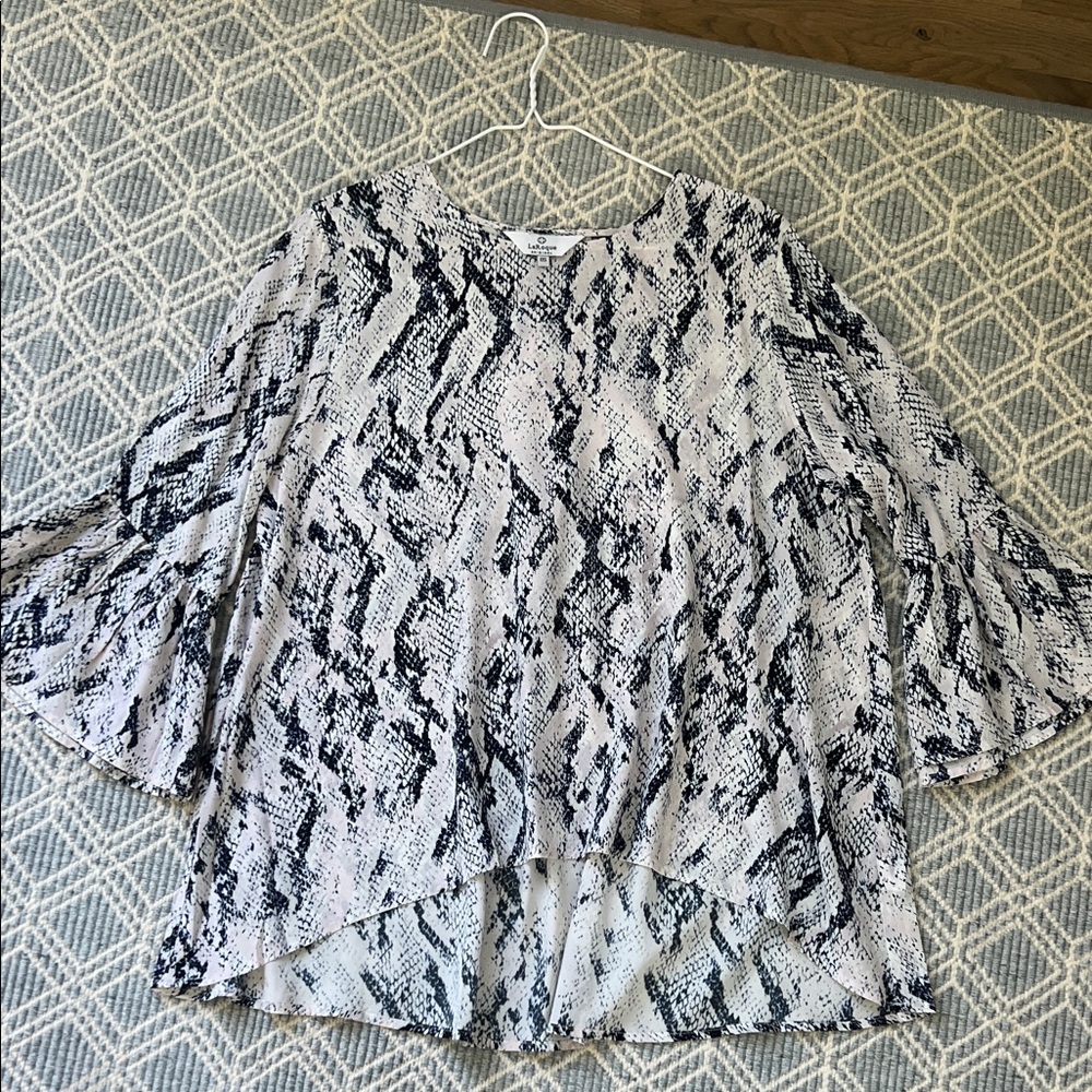 Laroque Navy, Pale Pink and White Patterned Silk—Viscose Blend Blouse